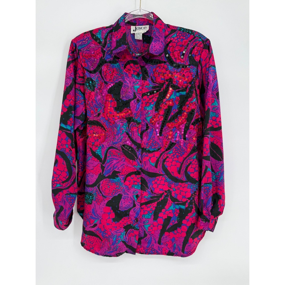 Joyce Vintage 80s Floral Sequin Beaded Button Down Blouse Pink Purple Sz 10